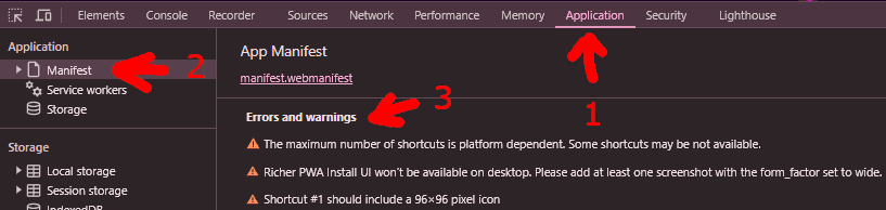chrome developer tools, application tab, manifest view